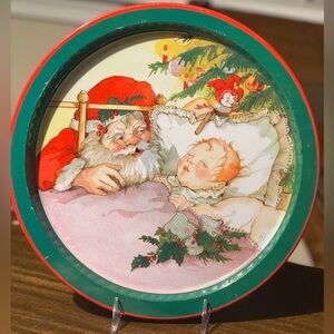 Vintage Christmas Tin Tray Santa and Sleeping Child - 13”